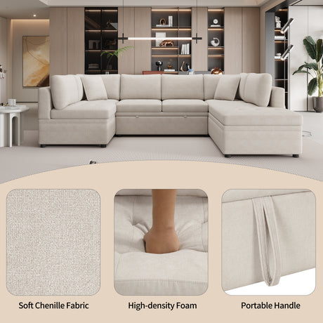 Oversized U-Shaped Sectional Sofa Couch with Pull-out Bed, Beige Chenille, 117.3' - sold by Home Elegance USA