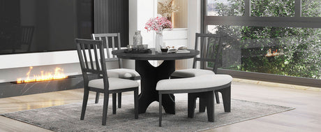 TREXM 5-piece Rustic Charm Round Dining Set with 3 Upholstered Chairs and Curved Bench for Dining Room, Kitchen and Living Room (Gray) - sold by Home Elegance USA