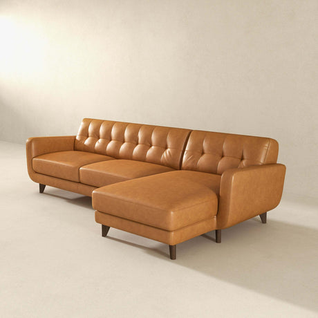 Allison Right-Facing Tan Leather Sectional Sofa Mid-Century Modern Style 113 x 59 x 32 Inches - sold by Home Elegance USA