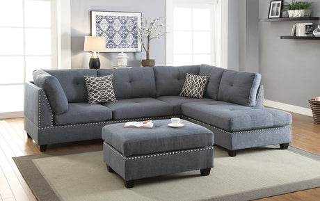 3-pcs Sectional Sofa Blue Grey Polyfiber Cushion Sofa Chaise Ottoman Reversible Couch Pillows - sold by Home Elegance USA