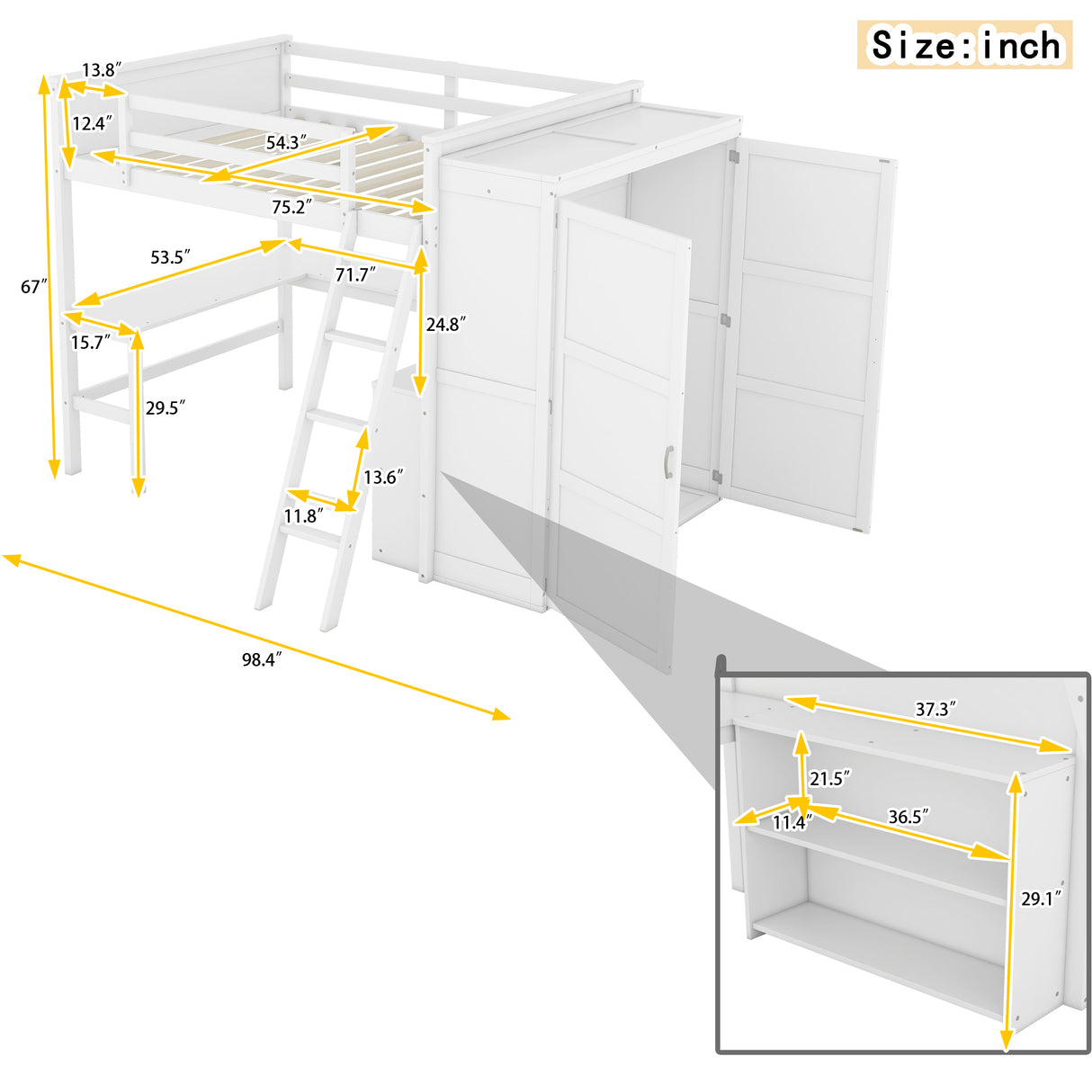 Full size Loft Bed with Desk, Shelves and Wardrobe-White - Home Elegance USA