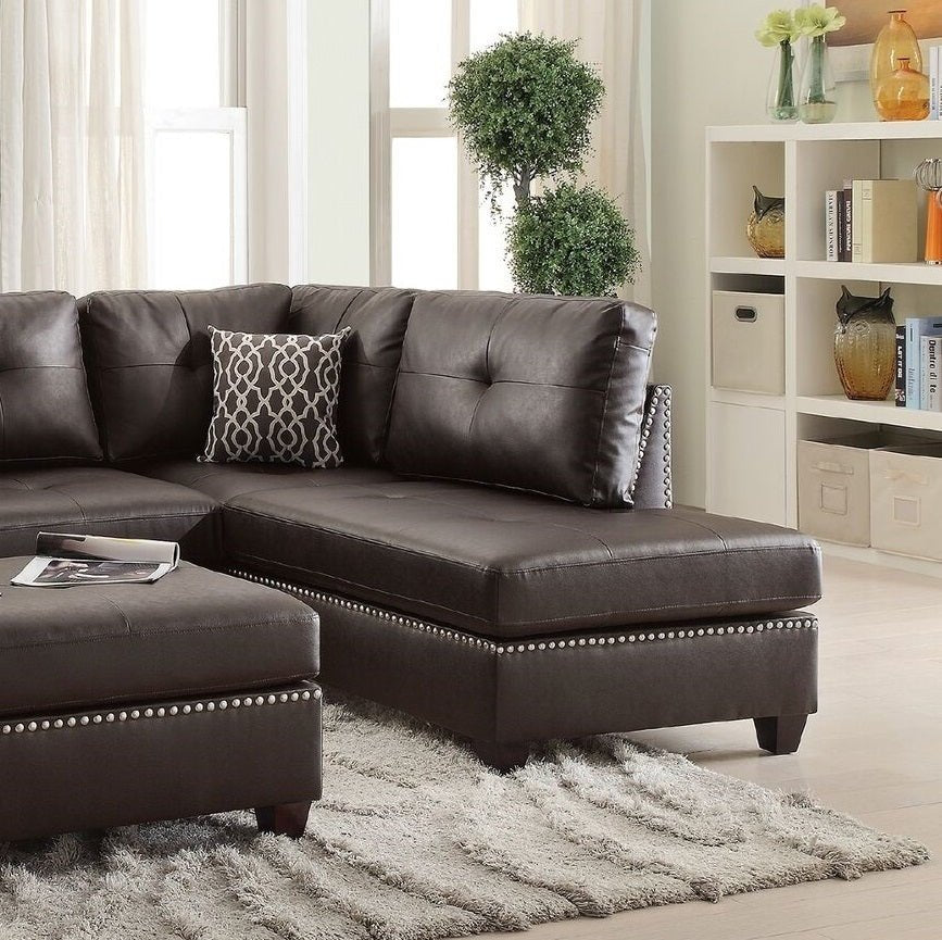 3 - pcs Sectional Sofa Espresso Bonded Leather Cushion Sofa Chaise Ottoman Reversible Couch Pillows | Home Elegance USA