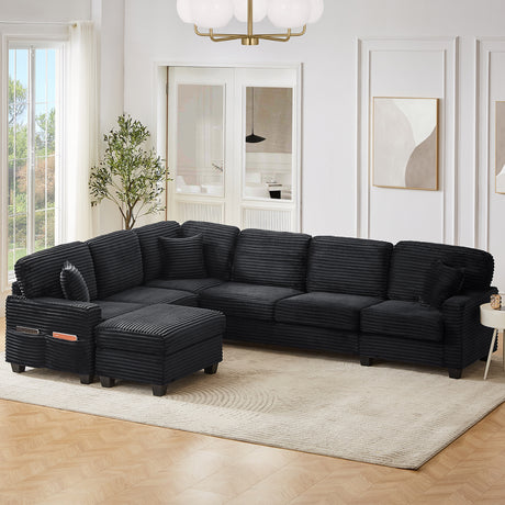 Upholstered U-shaped Sectional Sofa with Movable Ottoman and Side Storage Pockets in Black Corduroy, 125.2 inches - sold by Home Elegance USA