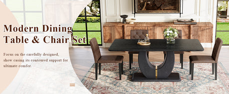 Black Wood Grain Dining Table Set for 4 people, 63' Modern MDF Dining Room Table Set .Paired with 4 Brown Suede Fabric chairs with decorative buckle design on the backrest.For Dining Room,Kitchen,etc. - sold by Home Elegance USA