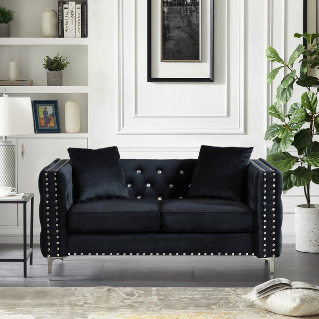 59.4 Inch Wide Black Velvet Sofa with Jeweled buttons,Square Arm ,2 Pillows - W1117S00006 - image - 1