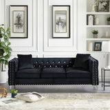 82.3" Width Modern Velvet Sofa Jeweled Buttons Tufted Square Arm Couch Black,2 Pillows Included | Home Elegance USA