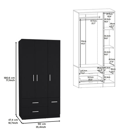 Armoire Wardrove 71', 4 Doors, Hanging Rod, 3 Cabinets, 6 Shelves, Black - sold by Home Elegance USA