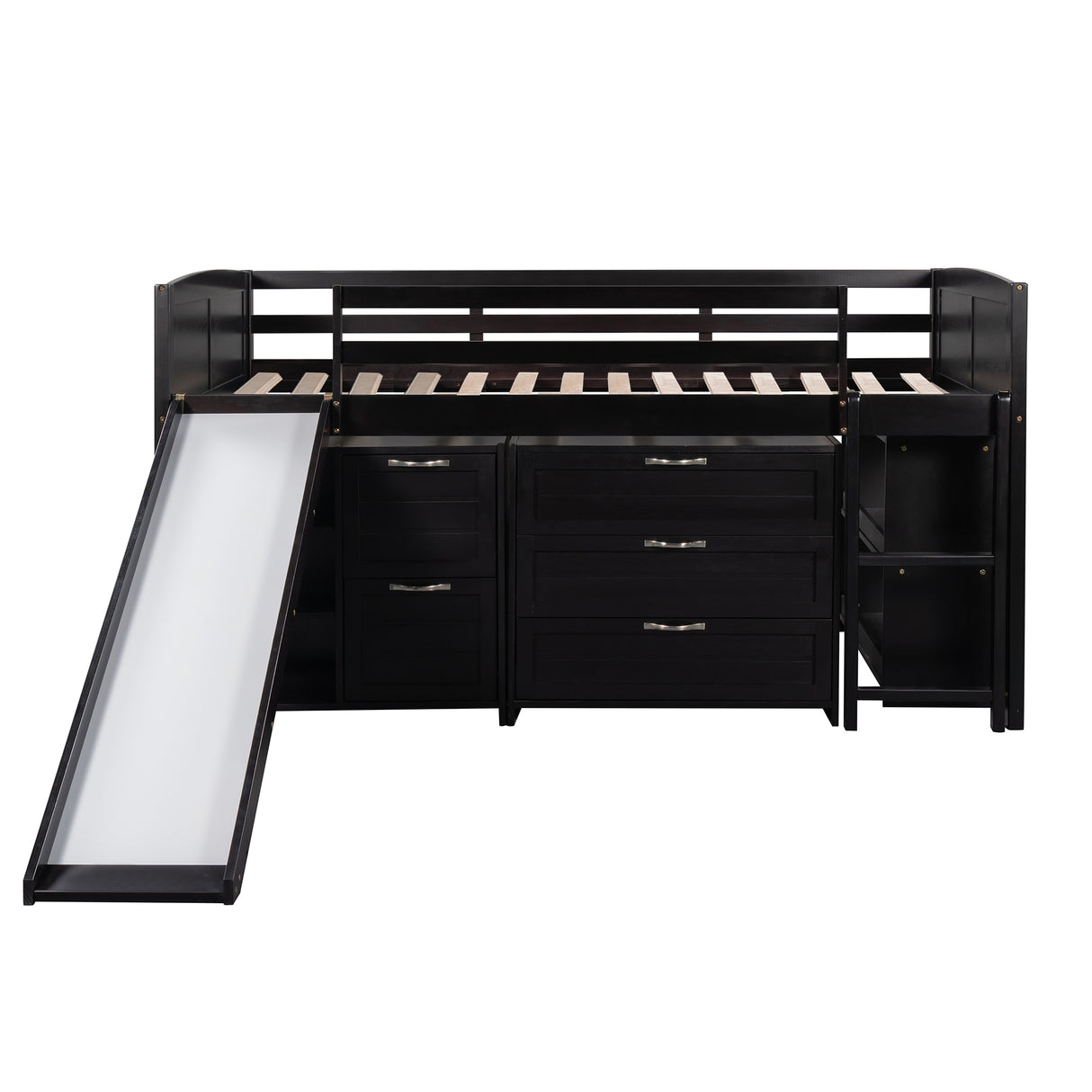 Low Twin Size Loft Bed with Cabinets, Shelves and Slide - Espresso(OLD SKU :LP000503AAP) - Home Elegance USA