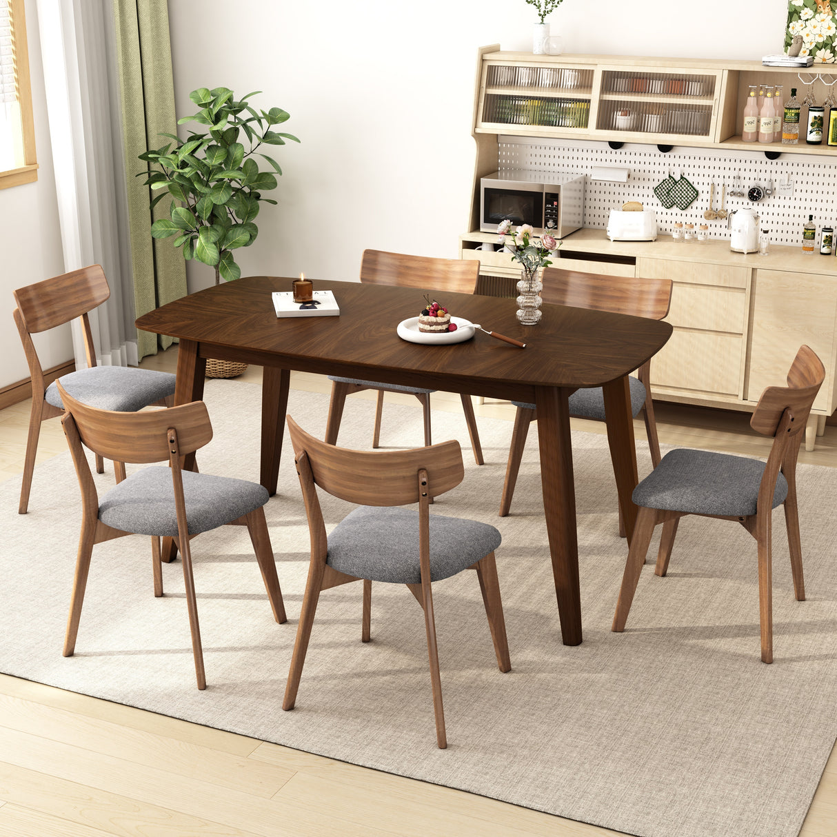 7 - Piece Dining Set,Mid-Century Walnut Finished Frame Upholstered Dining Chairs (Set of 6) (Dark Grey) +Wood Dining Table (Walnut)