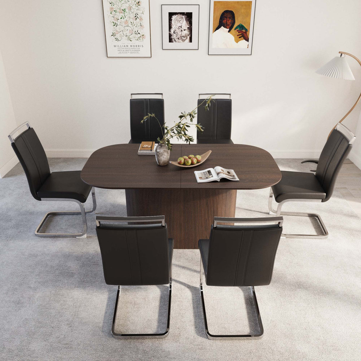 63 'medieval modern brown style MDF dining table and PU armless dining chair set 6. Assemble Desktop and Silver plated metal leg dining chair set, suitable for home&kitchen