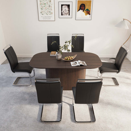 63 'medieval modern brown style MDF dining table and PU armless dining chair set 6. Assemble Desktop and Silver plated metal leg dining chair set, suitable for home&kitchen