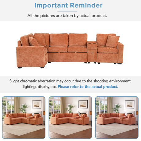 120.5' L-shaped Convertible Sofa Bed Modular Sectional Sofa Reversible Sleeper with Pull-Out Bed, Cup Holders, and Ample Storage Space for Living Room(Old SKU:N719S001940G), Orange - sold by Home Elegance USA