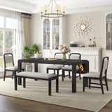 TREXM Vintage Extendable Dining Table Set for 4-6 with 4 Upholstered Chairs and 1 Bench, Rustic Wire Brushed Kitchen Table Set with Curved Design for Dining Room and Kitchen (Espresso)