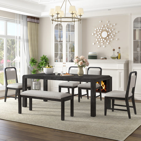 TREXM Vintage Extendable Dining Table Set for 4-6 with 4 Upholstered Chairs and 1 Bench, Rustic Wire Brushed Kitchen Table Set with Curved Design for Dining Room and Kitchen (Espresso)