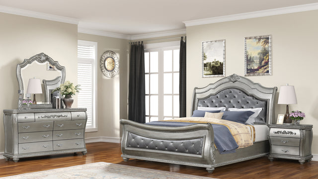 Destiny Traditional Style 4 Pc Queen Bedroom Set With Upholstered Crystal - Tufted bed Made with Wood in Silver