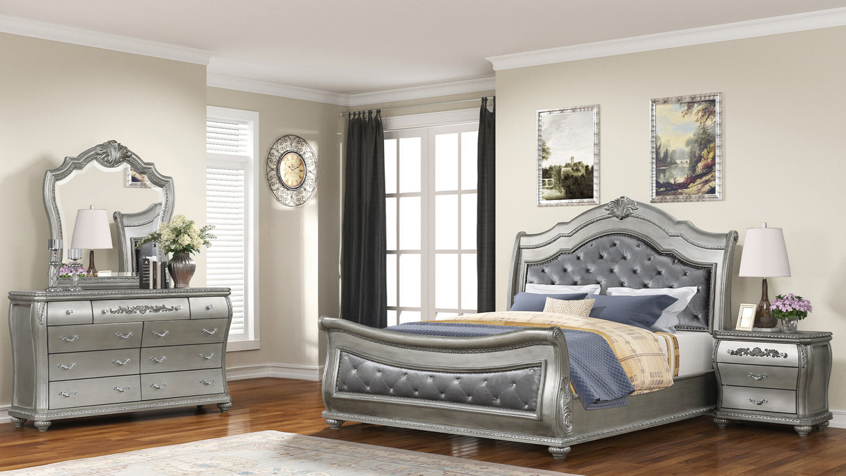 Destiny Traditional Style 4 Pc King Bedroom Set With Upholstered Crystal - Tufted bed Made with Wood in Silver