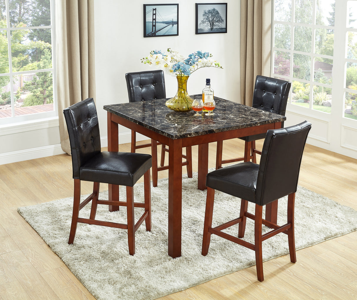 Beautiful Modern Style 5pc Counter Height Dining Room Set Brown Finish Square Table Faux Leather Upholstery Fabric Chairs Wooden Furniture