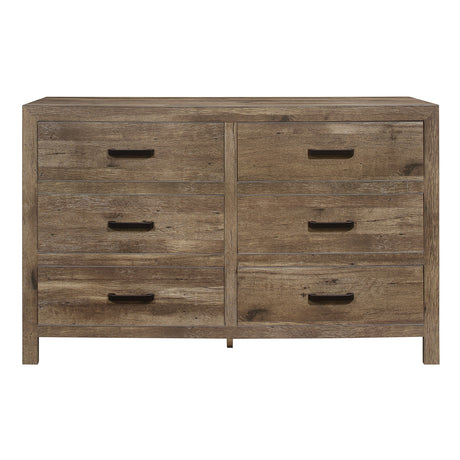 Rustic Style Dresser w 6 Storage Drawers Weathered Pine Finish Wooden Bedroom Furniture