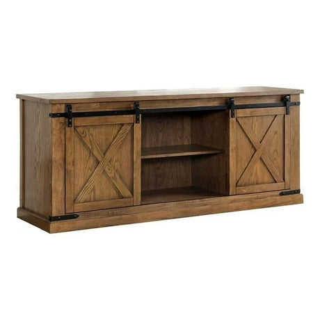Rustic Style TV Console Base Sliding Doors Metal Accents Multiple Open Storage Shelves X-Design Front Doors Dark Oak Finish - sold by Home Elegance USA