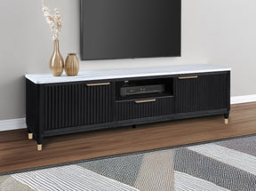 1pc Modern Luxury and Sleek Black Fluted Wood Facade Pristine White Faux Marble Top Brass-tone Accents Tapered Legs Tv Stand Media Console - sold by Home Elegance USA