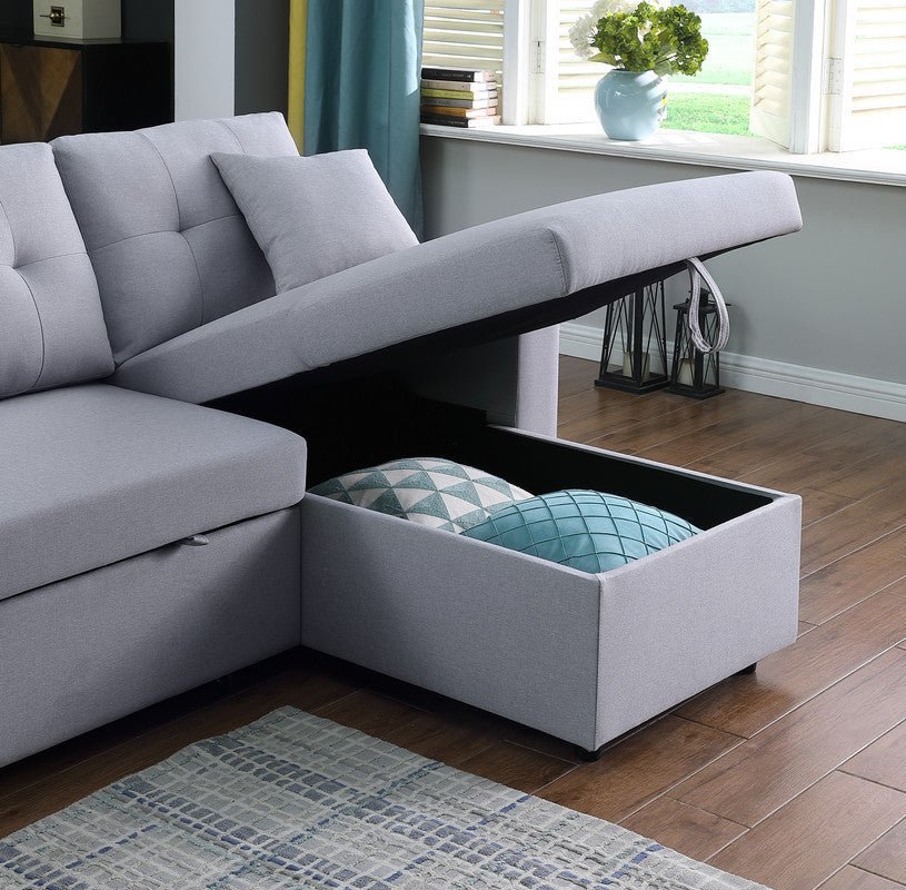 Dennis Light Gray Linen Fabric Reversible Sleeper Sectional with Storage Chaise and 2 Stools | Home Elegance USA