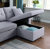 Dennis Light Gray Linen Fabric Reversible Sleeper Sectional with Storage Chaise and 2 Stools | Home Elegance USA