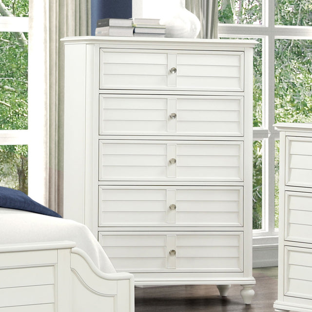 Coastal Transitional Style Chest Antique White Finish English Dovetail Drawers Ball Bearing Glides Round Knobs Drawers Handles Bedroom Furniture