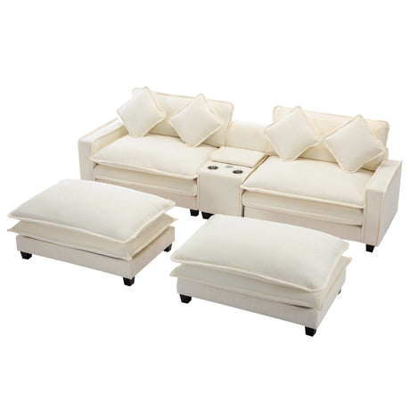 Chenille Upholstered Sectional Sofa with Removable Ottoman, USB Ports, Cup Holders, and Storage, Beige, 111' - sold by Home Elegance USA