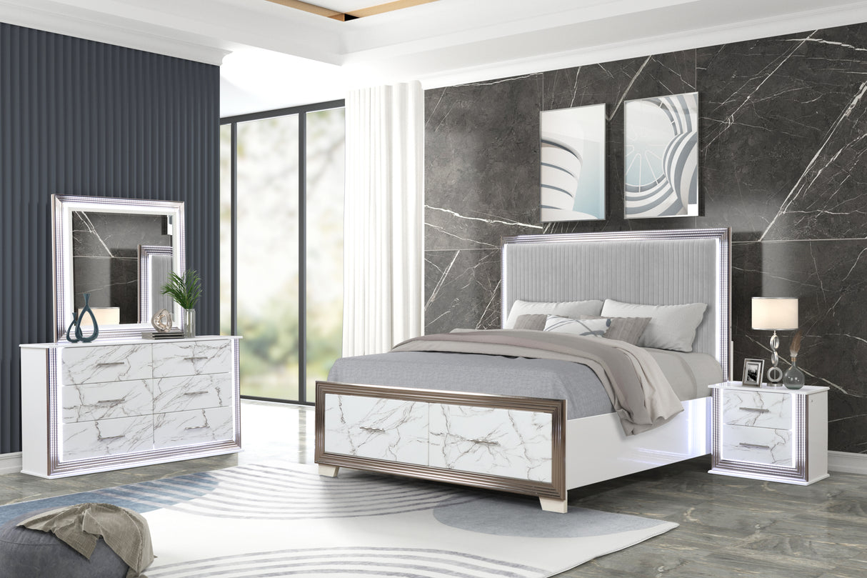 Desire King 4-Piece Bedroom Set – LED Upholstered Bed, Dresser, Mirror, and Nightstand with Marble-Inspired Accents and Sleek Metallic Trim for a Chic Modern Look(CA INVENTORY)