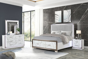 Desire King 4-Piece Bedroom Set – LED Upholstered Bed, Dresser, Mirror, and Nightstand with Marble-Inspired Accents and Sleek Metallic Trim for a Chic Modern Look(CA INVENTORY) - sold by Home Elegance USA