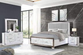 Desire Queen 4-Piece Bedroom Set – LED Upholstered Bed, Marble-Finished Storage, and Metallic Trim for a Sophisticated Contemporary Retreat(NJ INVENTORY) - sold by Home Elegance USA