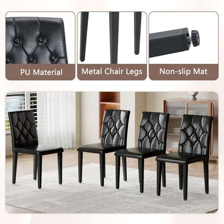 Table and chair set.64.5 x 35.4 Inch Stylish Black Wood Color Textured Dining Table.4-pack black PU dining chairs: ergonomic buckle backrest.Exudes A Strong Sense Of Fashion. - sold by Home Elegance USA
