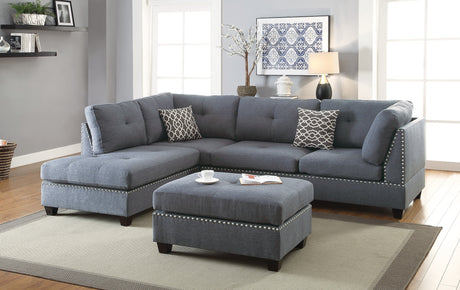 3-pcs Sectional Sofa Blue Grey Polyfiber Cushion Sofa Chaise Ottoman Reversible Couch Pillows - sold by Home Elegance USA