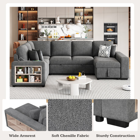 Modern Grey U-Shaped Sectional Sofa Bed with USB Ports, Storage Chaise & Pillows, Chenille Fabric, 109' - sold by Home Elegance USA