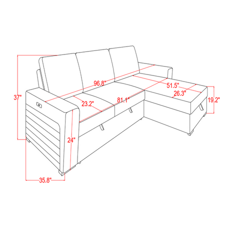 Montero Charcoal-Black Complete Sofabed with Pull-Out Bed, Wood Frame, Semi-Firm Seating, Drop-Down Table, USB and Cup Holders, Storage Chaise - sold by Home Elegance USA
