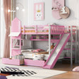 Full-Over-Full Castle Style Bunk Bed with 2 Drawers 3 Shelves and Slide - Pink(OLD SKU:LT000558AAH-2)
