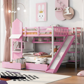 Full-Over-Full Castle Style Bunk Bed with 2 Drawers 3 Shelves and Slide - Pink(OLD SKU:LT000558AAH-2)