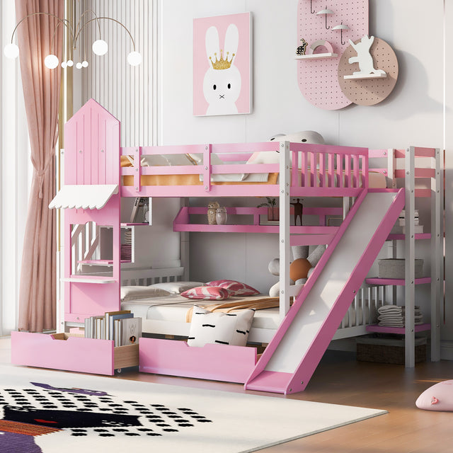 Full-Over-Full Castle Style Bunk Bed with 2 Drawers 3 Shelves and Slide - Pink(OLD SKU:LT000558AAH-2)