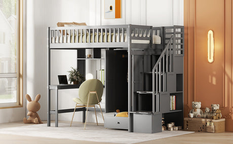 Twin size Loft Bed with Bookshelf,Drawers,Desk,and Wardrobe-Gray - Home Elegance USA