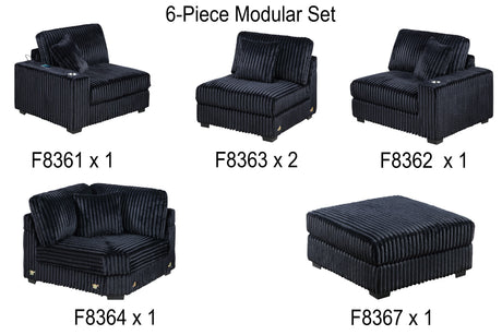Contemporary Style 6-PC Modular Sectional Sofa Set USB Cup Holder Black Finish Corduroy Living Room Furniture Couch - sold by Home Elegance USA