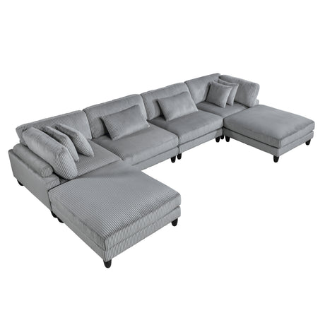 6pc Modular Sectional Set Gray Corduroy Upholstery 2x Armless Chairs 2x Corner Seats 2x Ottomans Pillows Living Room Furniture - sold by Home Elegance USA