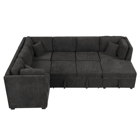 U-shaped Sectional Sofa Pull Out Bed with USB Ports, Power Sockets, Back Pillows & Storage Chaise, Black Chenille, 108.6' - sold by Home Elegance USA