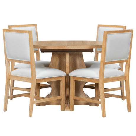 TREXM Farmhouse 5-Piece Dining Table Set with 4 Upholstered Chairs, Wood Extendable Dining Table with 15.7' Leaf for Extra Seating for Dining Room, Kitchen and Living Room (Natural Wood Wash) - sold by Home Elegance USA