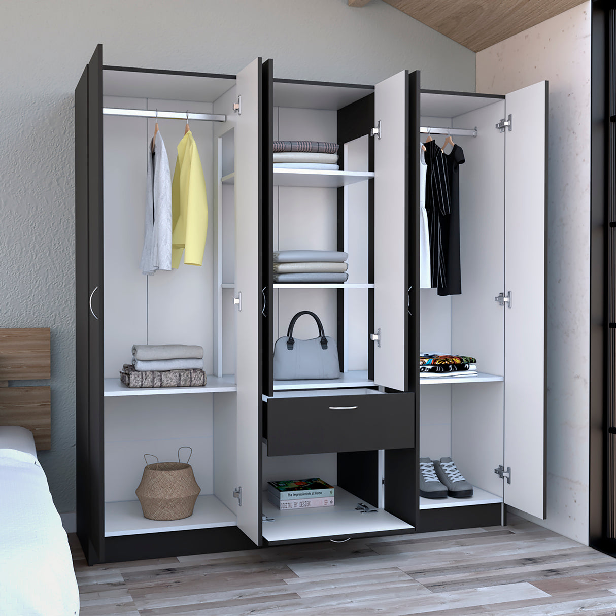 Kibo 6 Doors Armoire, One Drawer, Rod, Seven Interior Shelves, Black Wengue / White -Bedroom - sold by Home Elegance USA