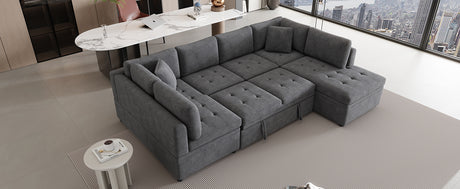 Oversized Sectional Sofa U-shaped Couch Pull-out Sofa Bed with Two Throw Pillows Gray Chenille 117.3' - sold by Home Elegance USA