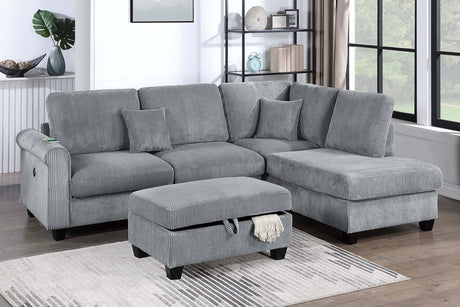 Contemporary Style 3pc Sectional Set Right Arm Chaise Left Arm Sofa w/ USB Port Storage Ottoman Throw Pillow Wooden Legs Fog Finish Primary Living Room - sold by Home Elegance USA