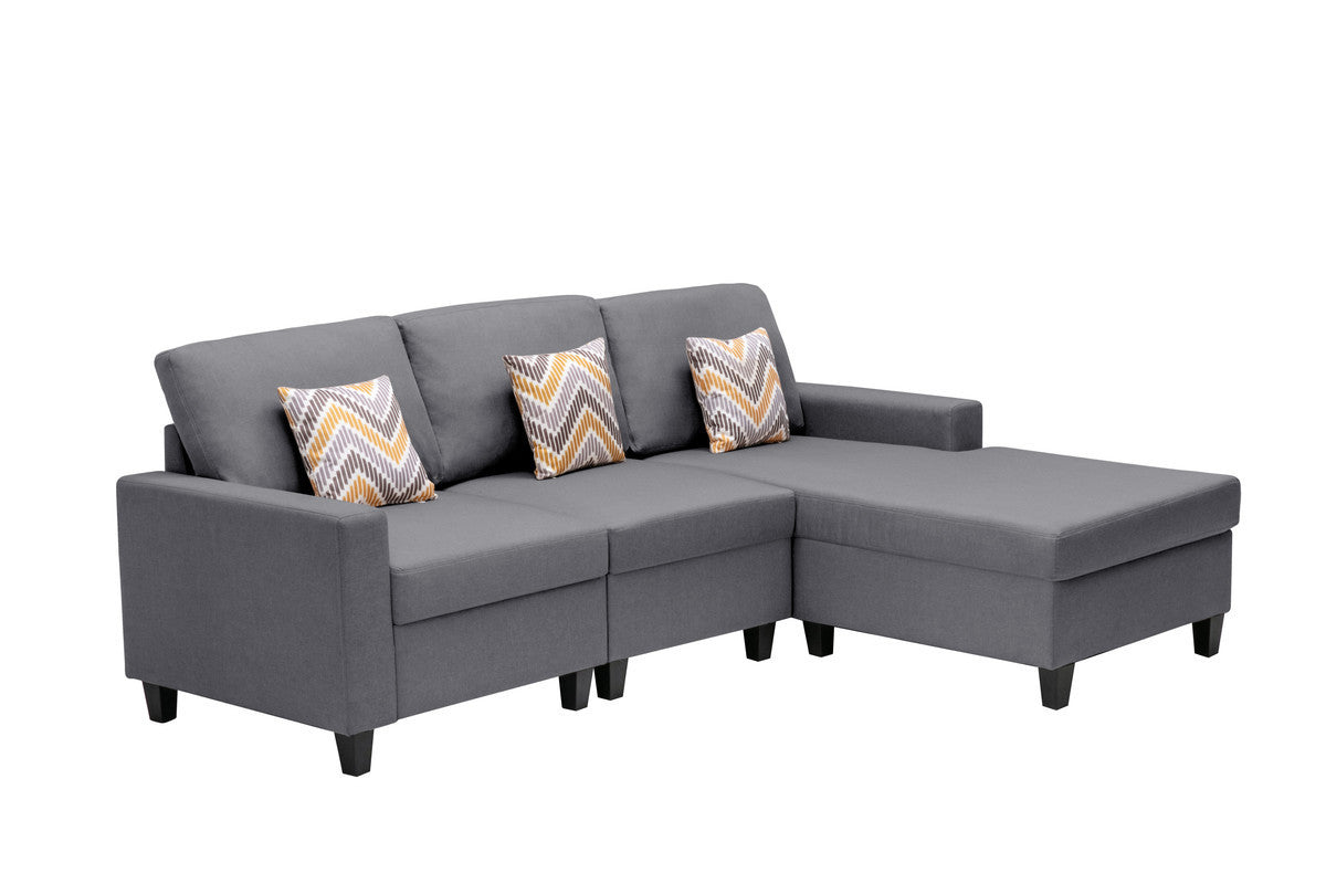 Nolan Gray Linen Fabric 3Pc Reversible Sectional Sofa Chaise with Pillows and Interchangeable Legs - Home Elegance USA