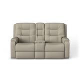 Arlo Transitional Leather Power Reclining Loveseat, Console & Power Headrests | Flexsteel