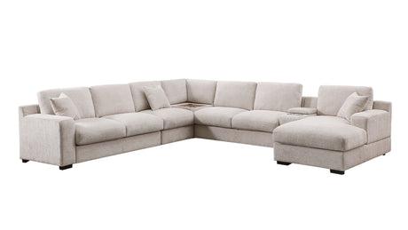 Celine 141.5' Beige Chenille Fabric Corner Sectional Sofa with Right-Facing Chaise, Cupholders, and Charging Ports - sold by Home Elegance USA