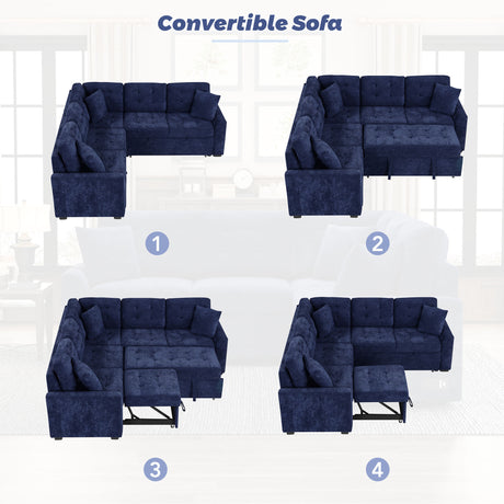Navy Blue L-shape Sofa Bed with Pull-out Sleeper, USB Ports, Power Sockets, Corded Velveteen, 82.6' - sold by Home Elegance USA